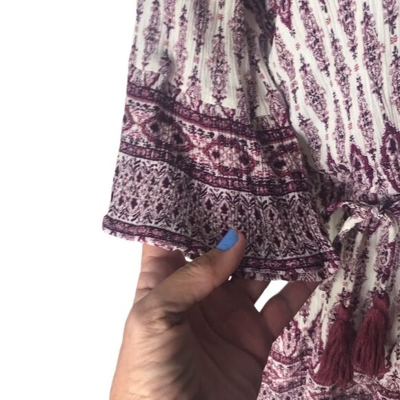 En Creme 3/4 sleeve purple & white rayon romper shorts size medium - Picture 2 of 9